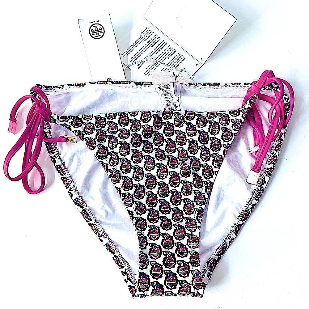 NWT TORY BURCH swim bottoms M GABRIELLA pink white green fuscia string ties